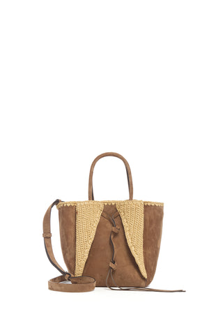 Small Marija Tote Bag in Dark Sand Suede & Raffia