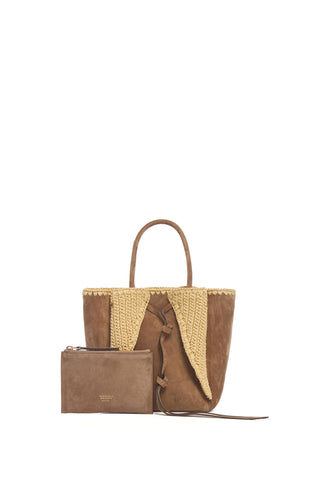 Small Marija Tote Bag in Dark Sand Suede & Raffia
