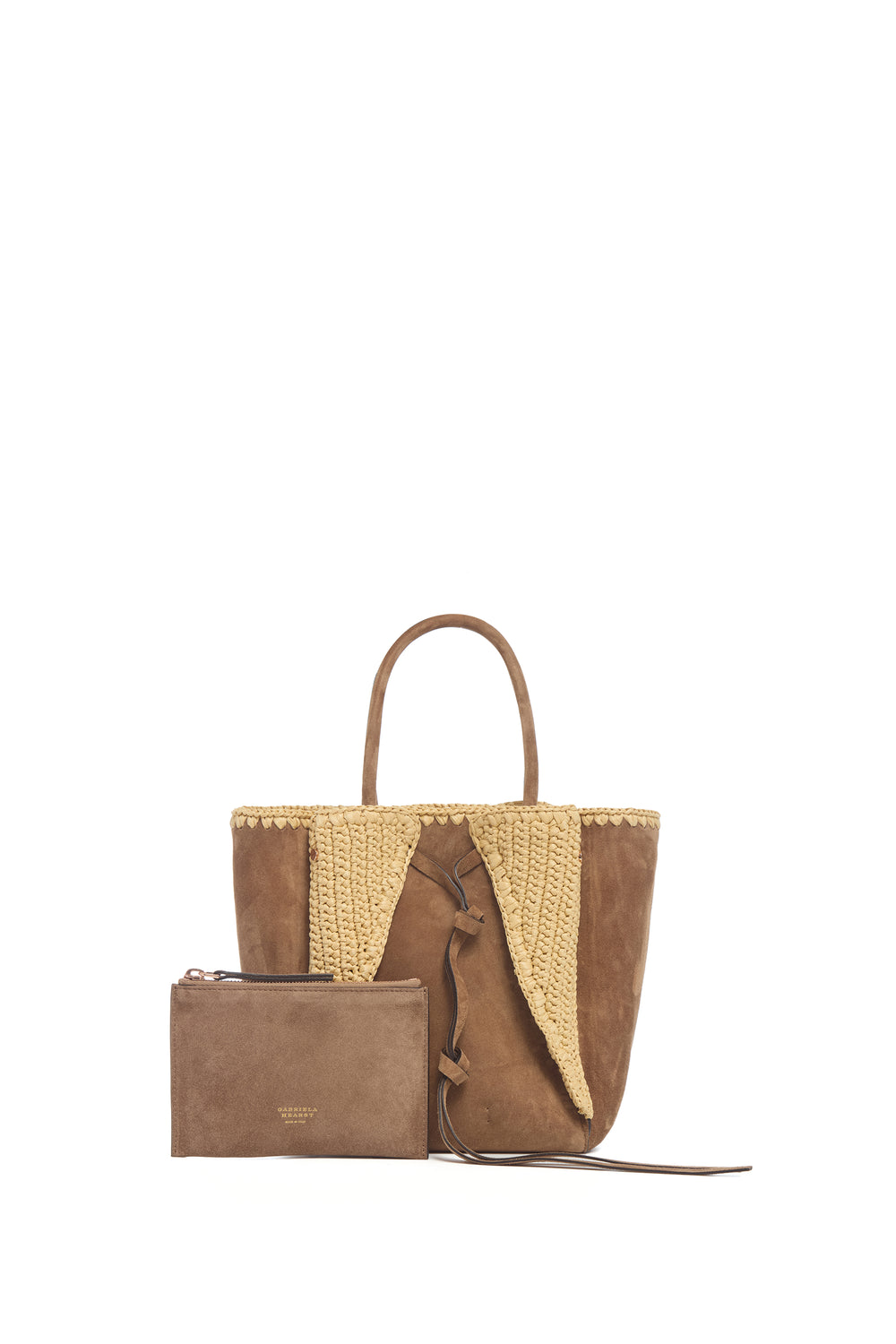 Small Marija Tote Bag in Dark Sand Suede & Raffia