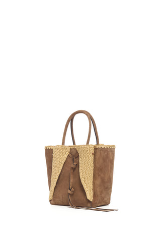 Small Marija Tote Bag in Dark Sand Suede & Raffia