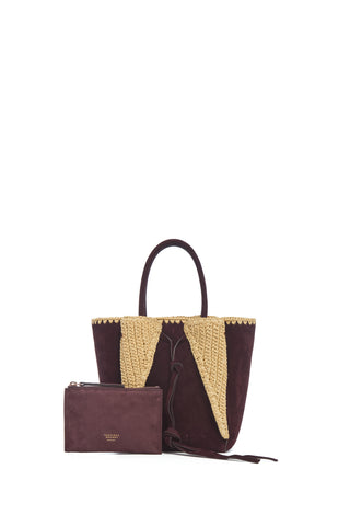 Small Marija Tote Bag in Bordeaux Suede & Raffia