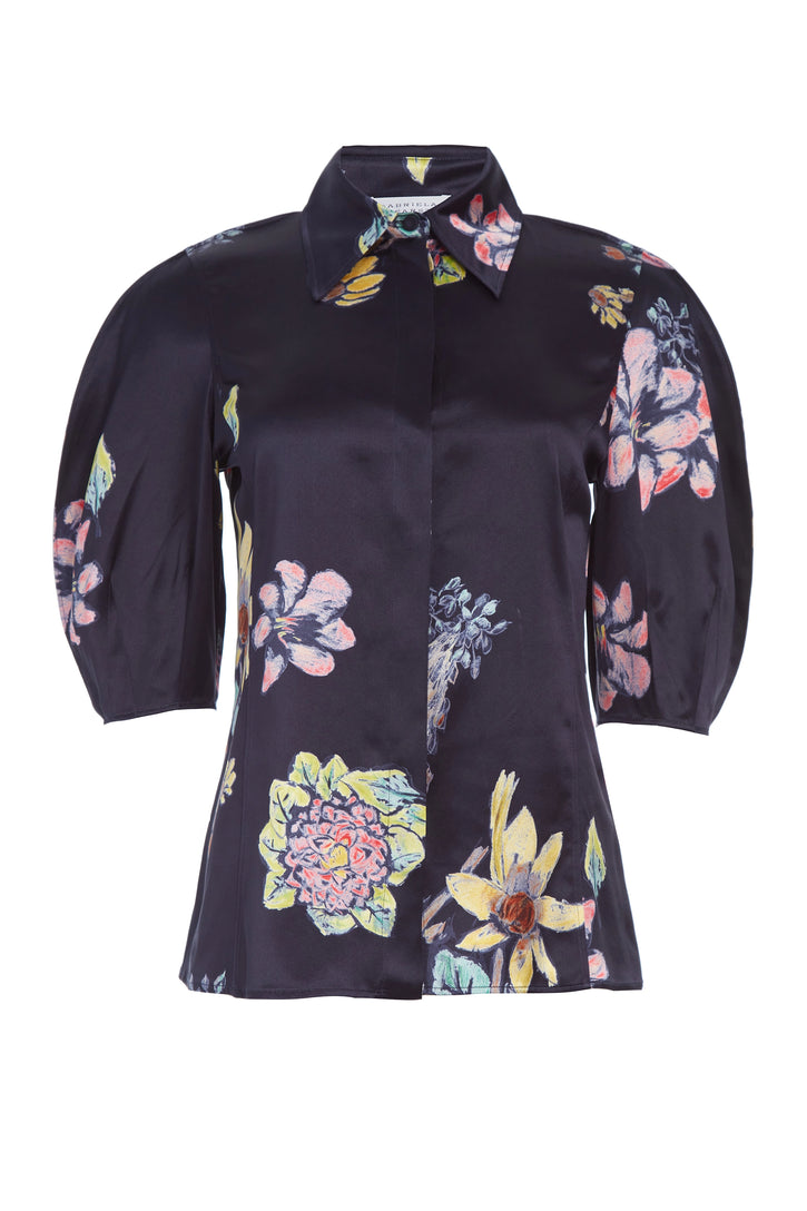 ダークネイビーのマルチプリントシルクのサンシトップ