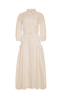 Woodward Pleated Shirtdress in Oatmeal Aloe Linen