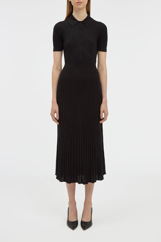 Black Ribbed Cashmere Silk Midi Dress - Front View On Model | Gabriela Hearst