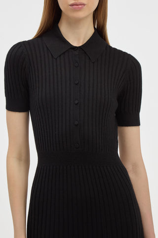 Black Cashmere Silk Amor Dress - Collar & Self-Covered Button Placket Close-Up | Gabriela Hearst