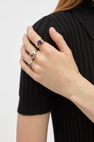 18K Yellow Gold Small Ring Collection with Purple Amethyst - Styled On Model | Gabriela Hearst