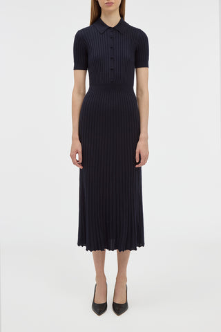 Dark Navy Cashmere Silk Amor Knit Midi Dress - Front View On Model | Gabriela Hearst