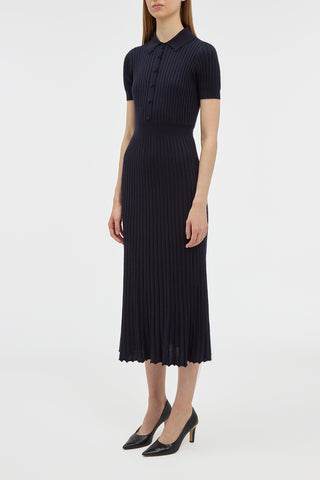 Dark Navy Cashmere Silk Amor Knit Midi Dress - Side Profile On Model | Gabriela Hearst