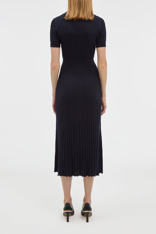 Dark Navy Cashmere Silk Amor Knit Midi Dress - Back View On Model | Gabriela Hearst