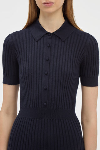 Dark Navy Cashmere Silk Amor Knit Dress - Ribbed Collar Detail Close-Up | Gabriela Hearst