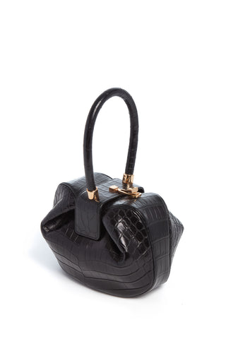 Black Crocodile Leather Nina Bag - Angled Side View with Gold Hardware Detail | Gabriela Hearst