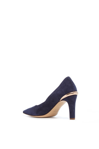 Navy Suede Edwina Stiletto Pump - Back View, Gold-Brass Hardware and Calf Leather Sole | Gabriela Hearst