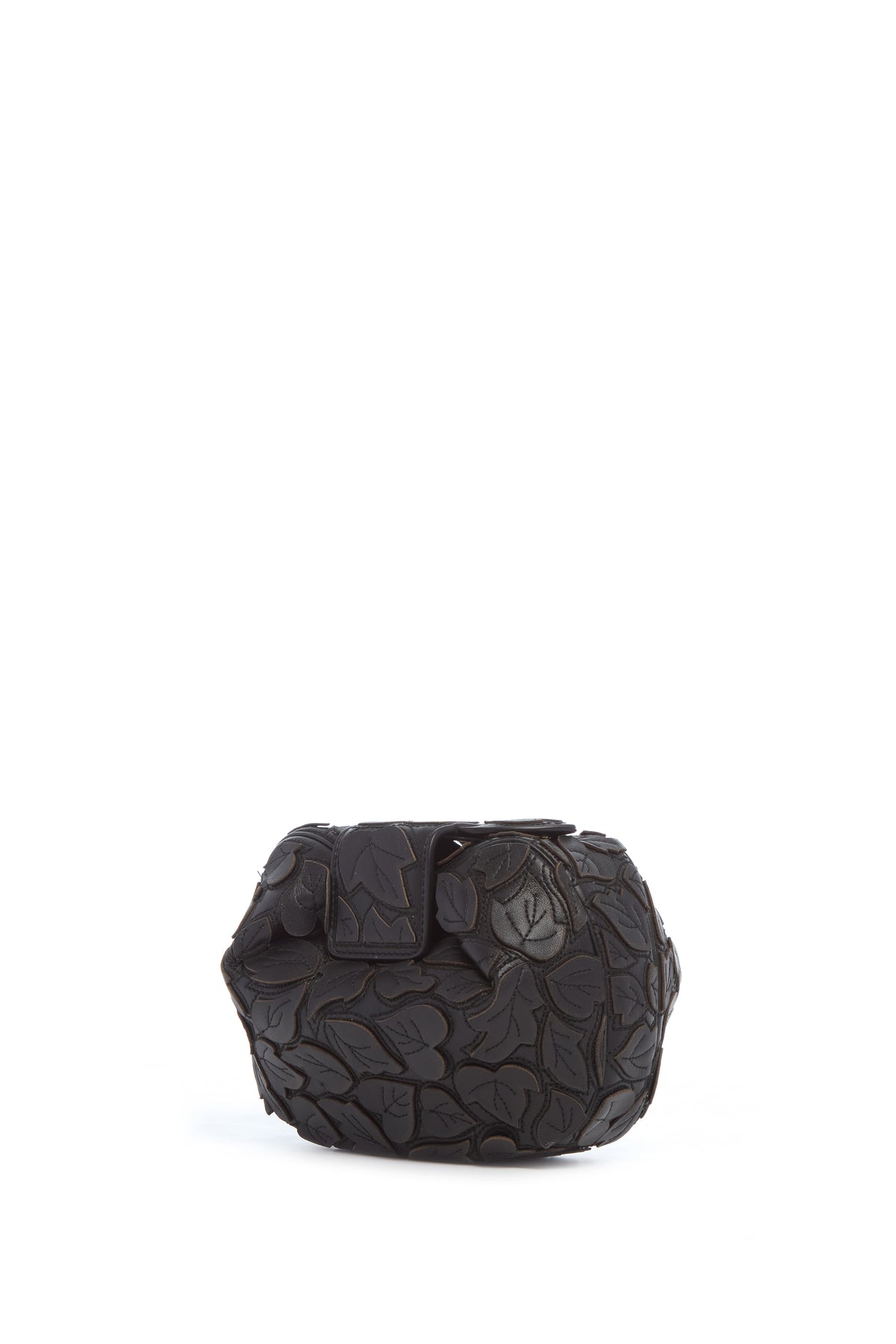 Soft Demi Embroidered Leaves Clutch in Black Nappa Leather