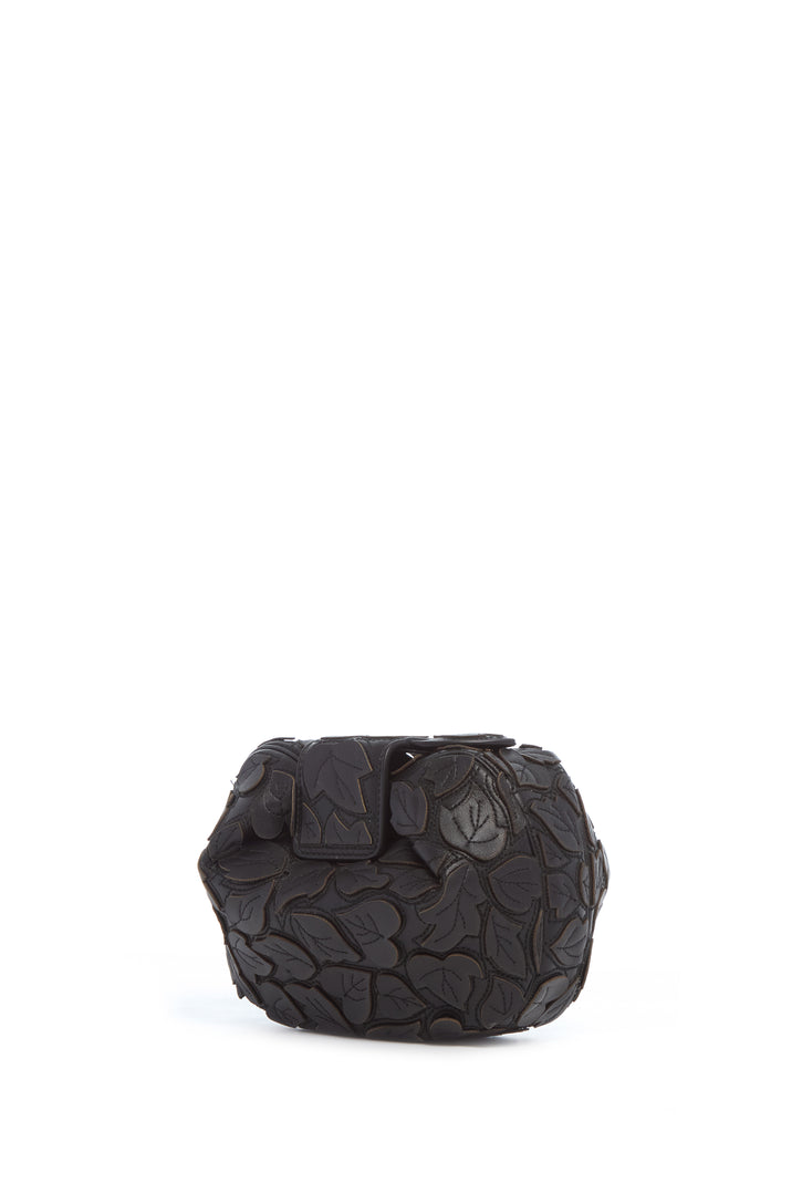 Soft Demi Embroidered Leaves Clutch in Black Nappa Leather