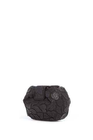 Soft Demi Embroidered Leaves Clutch in Black Nappa Leather
