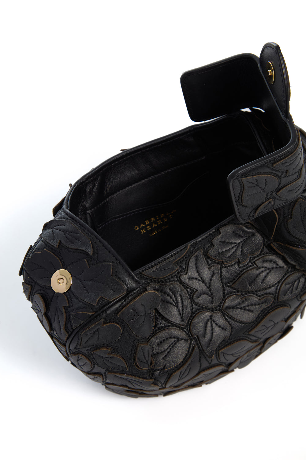 Soft Demi Embroidered Leaves Clutch in Black Nappa Leather
