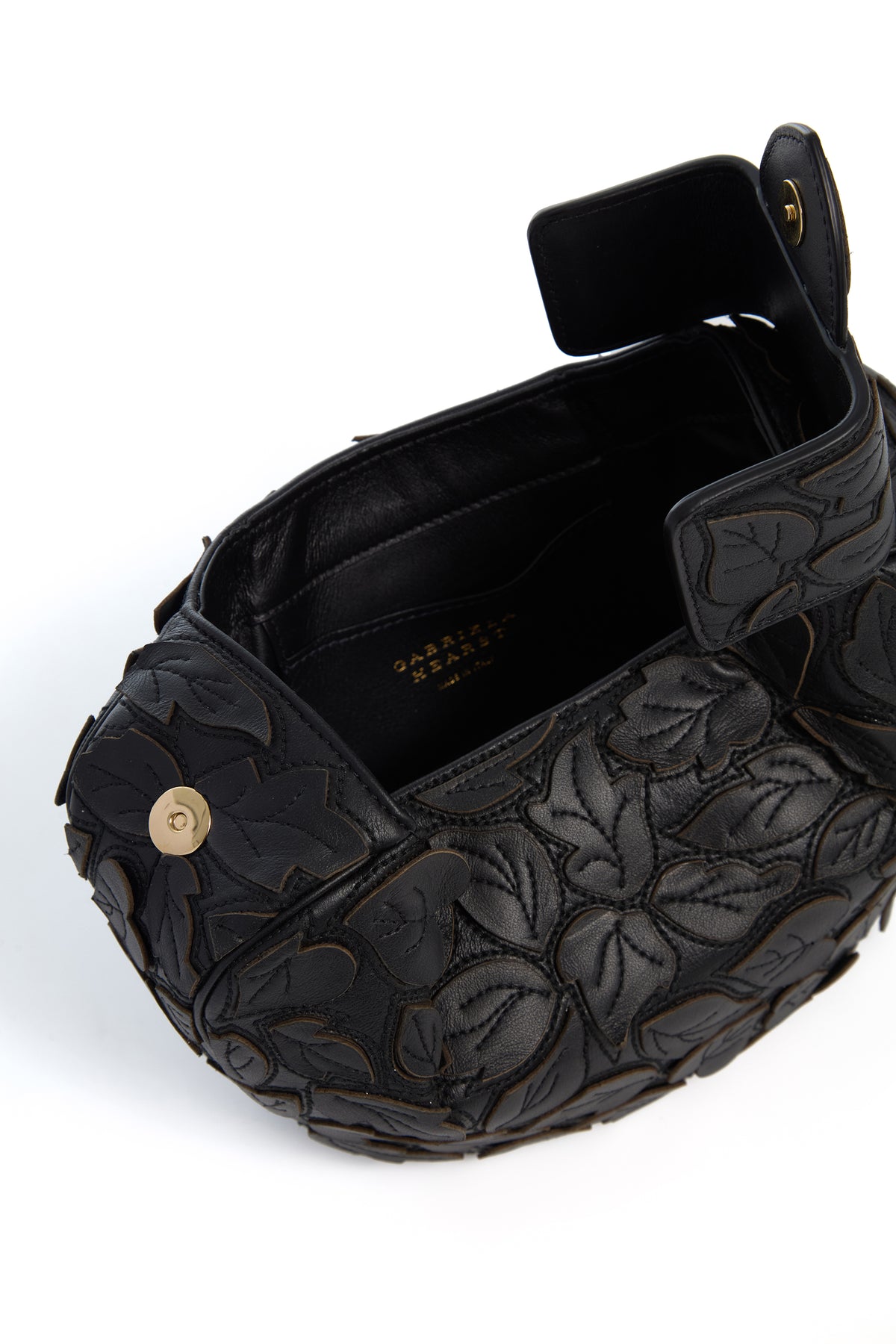 Soft Demi Embroidered Leaves Clutch in Black Nappa Leather