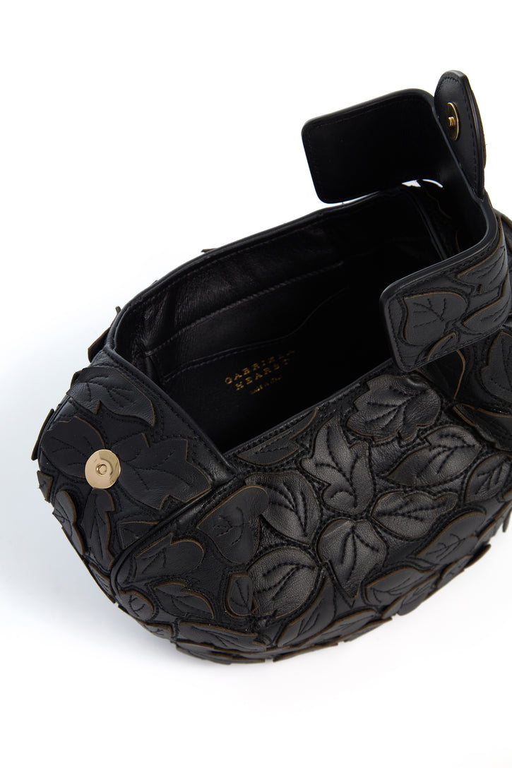 Soft Demi Embroidered Leaves Clutch in Black Nappa Leather