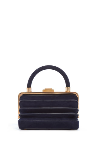 Navy Suede Diana Accordion Bag with Gold Frame Clasp - Front View | Gabriela Hearst