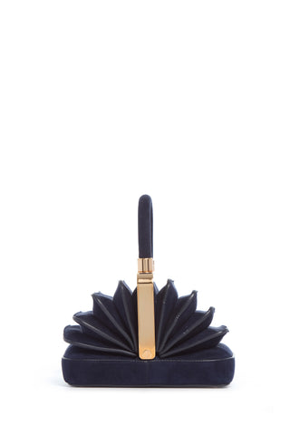 Navy Suede Diana Bag Accordion Bellows Structure with Gold Hardware - End View | Gabriela Hearst