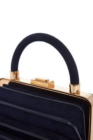 Navy Suede Diana Bag Rose Gold Clasp and Tubular Suede Handle - Close-Up Detail | Gabriela Hearst