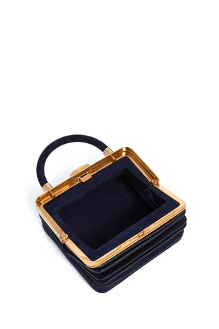 Navy Suede Diana Bag Open Interior with Gold Frame - Top-Down View | Gabriela Hearst