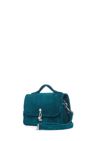 Bottle Green Suede Leonora Flap Bag - Side Angle with Strap | Gabriela Hearst