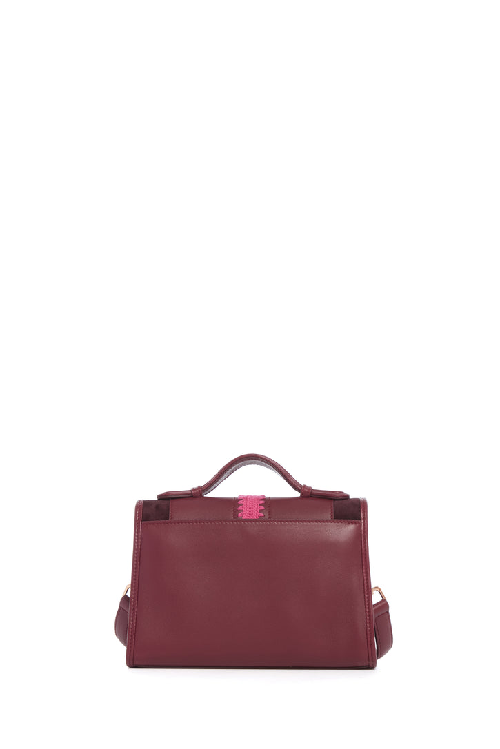 Small Leonora Flap Embroidered Bag in Bordeaux Nappa Leather