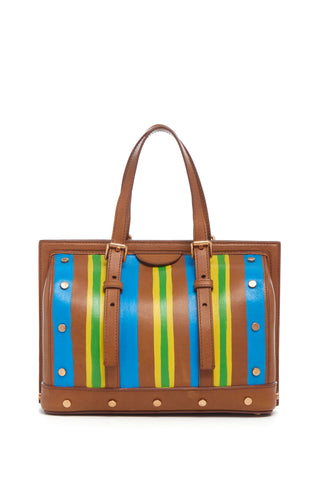 Hand Painted Dottor G Bag in Cognac, Blue & Yellow Leather