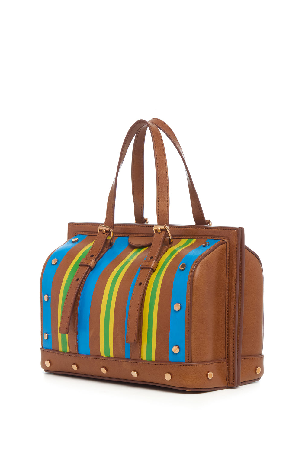 Hand Painted Dottor G Bag in Cognac, Blue & Yellow Leather