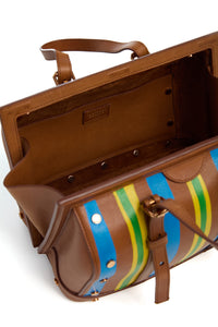 Hand Painted Dottor G Bag in Cognac, Blue & Yellow Leather