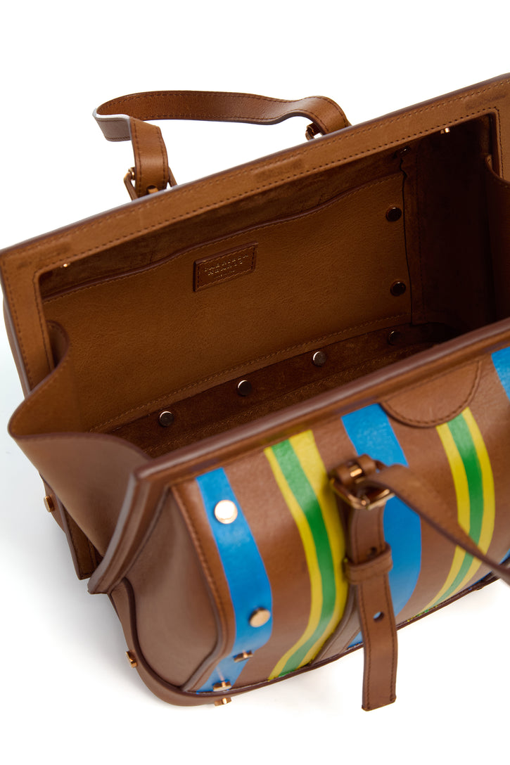 Hand Painted Dottor G Bag in Cognac, Blue & Yellow Leather