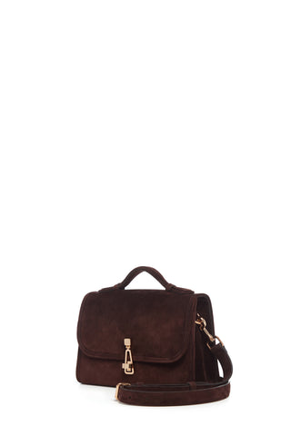 Dark Brown Suede Small Leonora Flap Bag - Three Quarter View | Gabriela Hearst