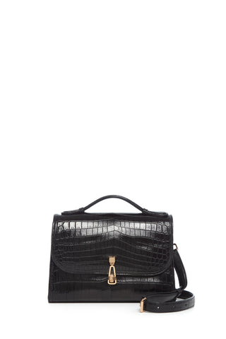 Black Crocodile Leather Leonora Flap Bag - Clean Studio Front View | Gabriela Hearst