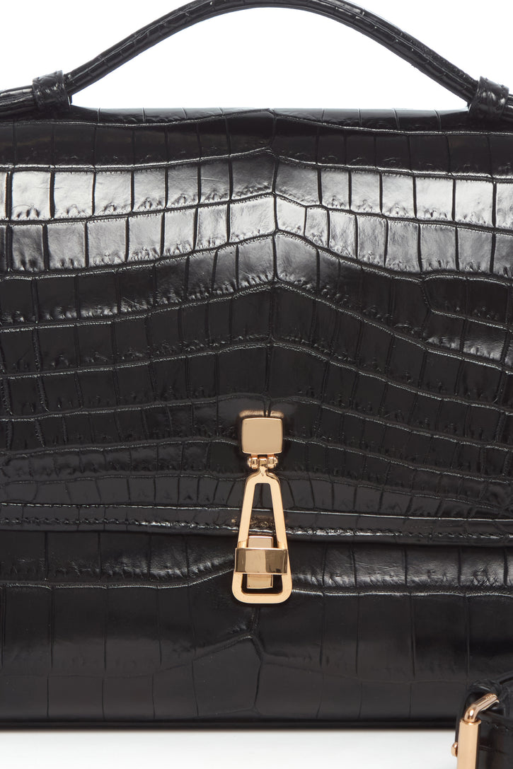 Medium Leonora Flap Bag in Black Crocodile Leather with Sunglasses Pouch