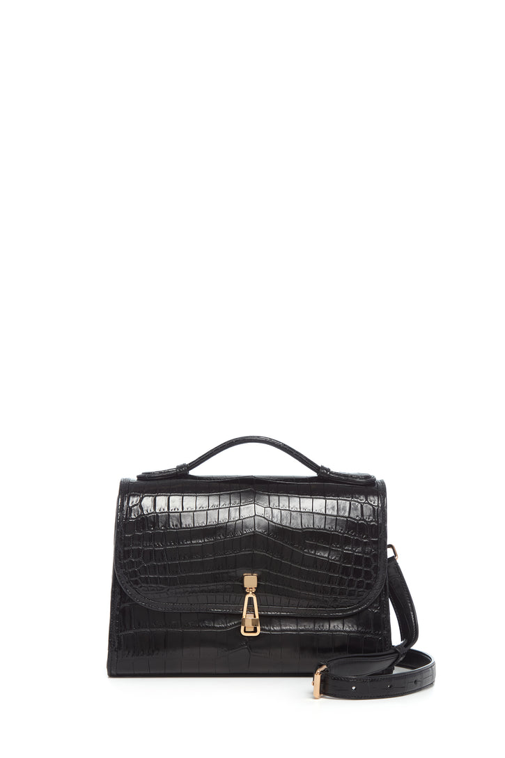 Medium Leonora Flap Bag in Black Crocodile Leather with Sunglasses Pouch