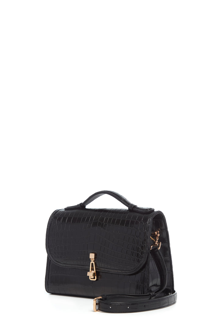 Medium Leonora Flap Bag in Black Crocodile Leather with Sunglasses Pouch