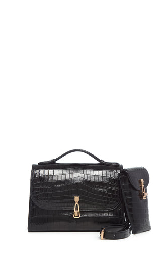 Black Crocodile Leather Medium Leonora Flap Bag with Sunglasses Pouch - Front View | Gabriela Hearst