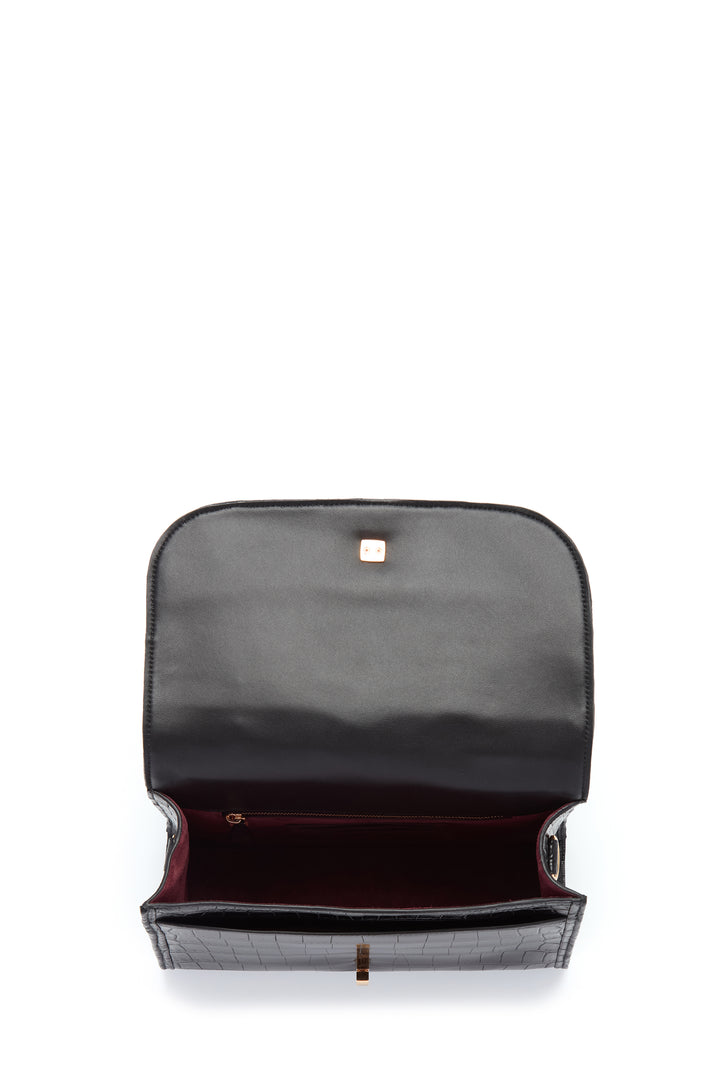 Medium Leonora Flap Bag in Black Crocodile Leather with Sunglasses Pouch