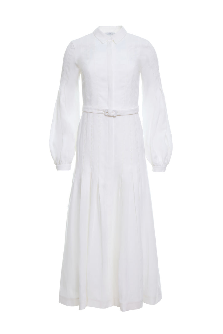 Aleka Pleated Midi Shirtdress in White Aloe Linen