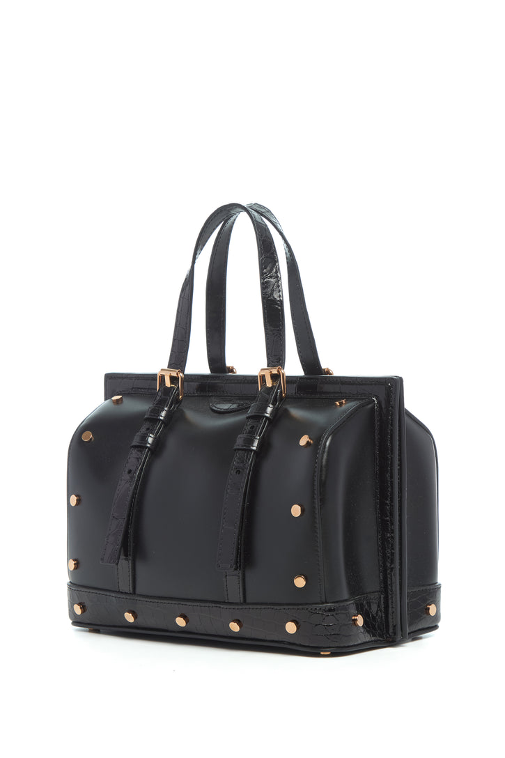 Dottor G Bag in Black Leather with Crocodile Leather Details