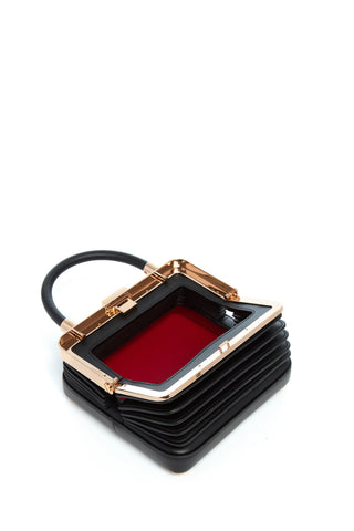 Black Nappa Leather Small Diana Bag - Open Interior View with Red Lining | Gabriela Hearst