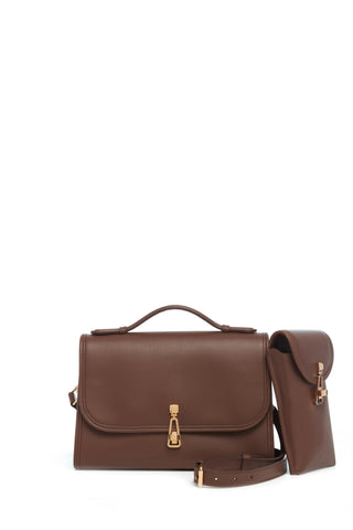 Chocolate Calf Leather Medium Leonora Flap Bag - Side View with Cross-Body Strap | Gabriela Hearst