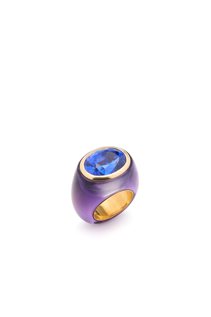 Moon Ring in 22K Yellow Gold, Amethyst and Blue Sapphire