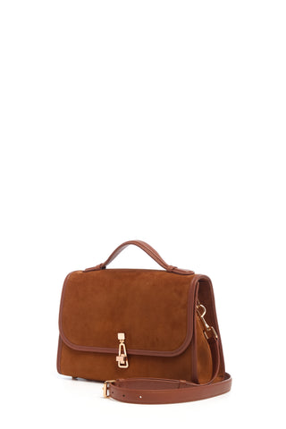 Medium Cognac Suede Leonora Flap Bag - Three Quarter View with Crossbody Strap | Gabriela Hearst