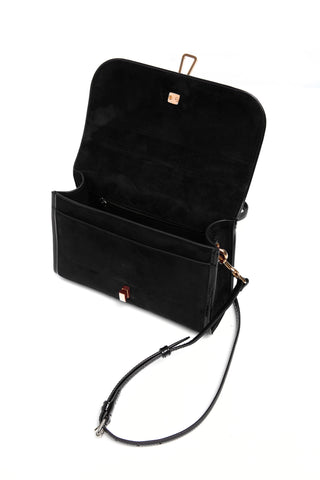 Black Suede Leonora Flap Bag Open Interior with Zip Pocket and Rose Gold Hardware | Gabriela Hearst