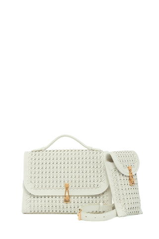 Medium Leonora Flap Bag in White Woven Leather with Sunglass Pouch