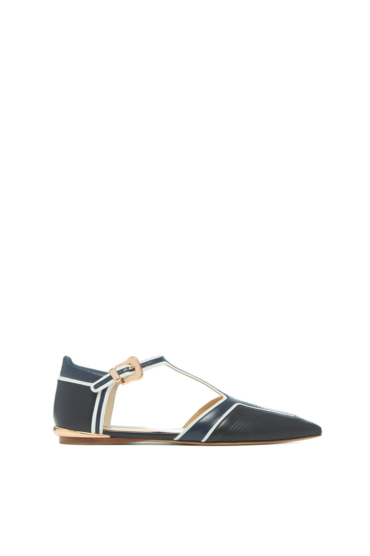 Leya Moto T-Strap Flat Shoe in Navy Multi Leather