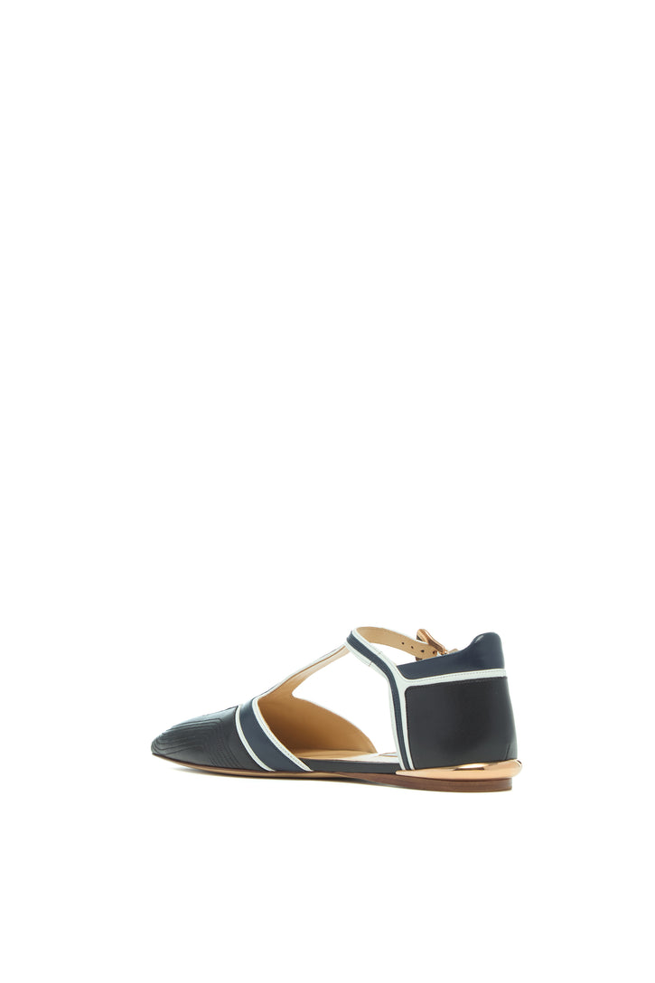 Leya Moto T-Strap Flat Shoe in Navy Multi Leather