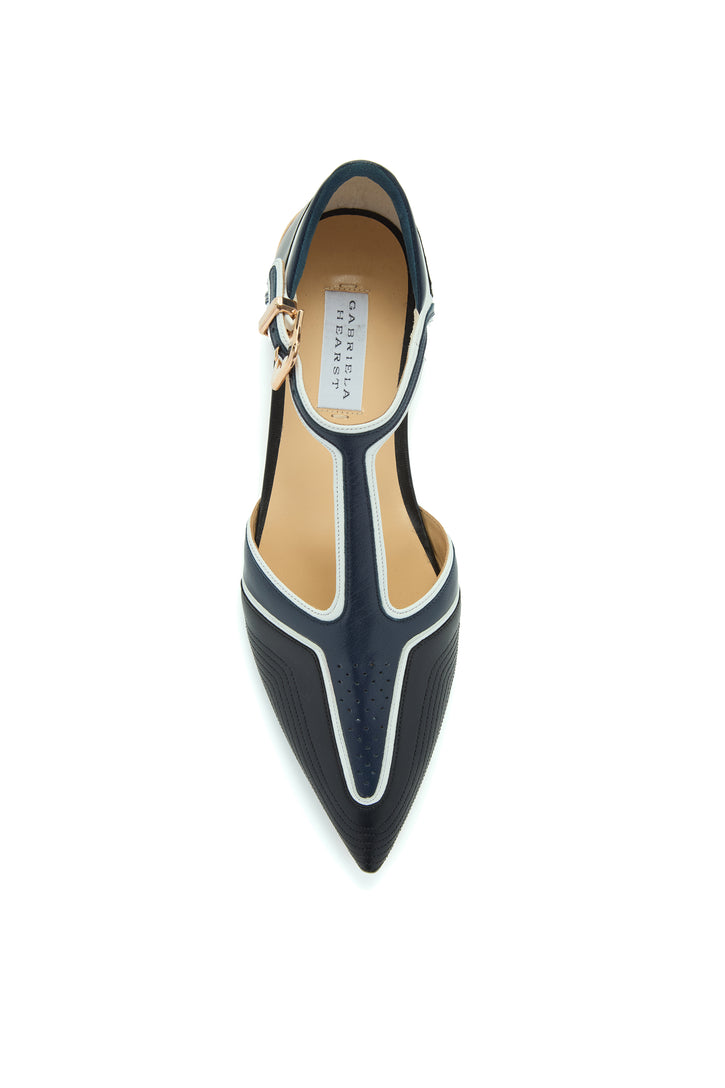 Leya Moto T-Strap Flat Shoe in Navy Multi Leather